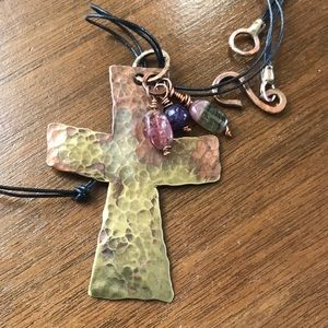 Brass Amethyst Tourmaline Cross Artisan Leather Necklace Handmade Hammered Brass